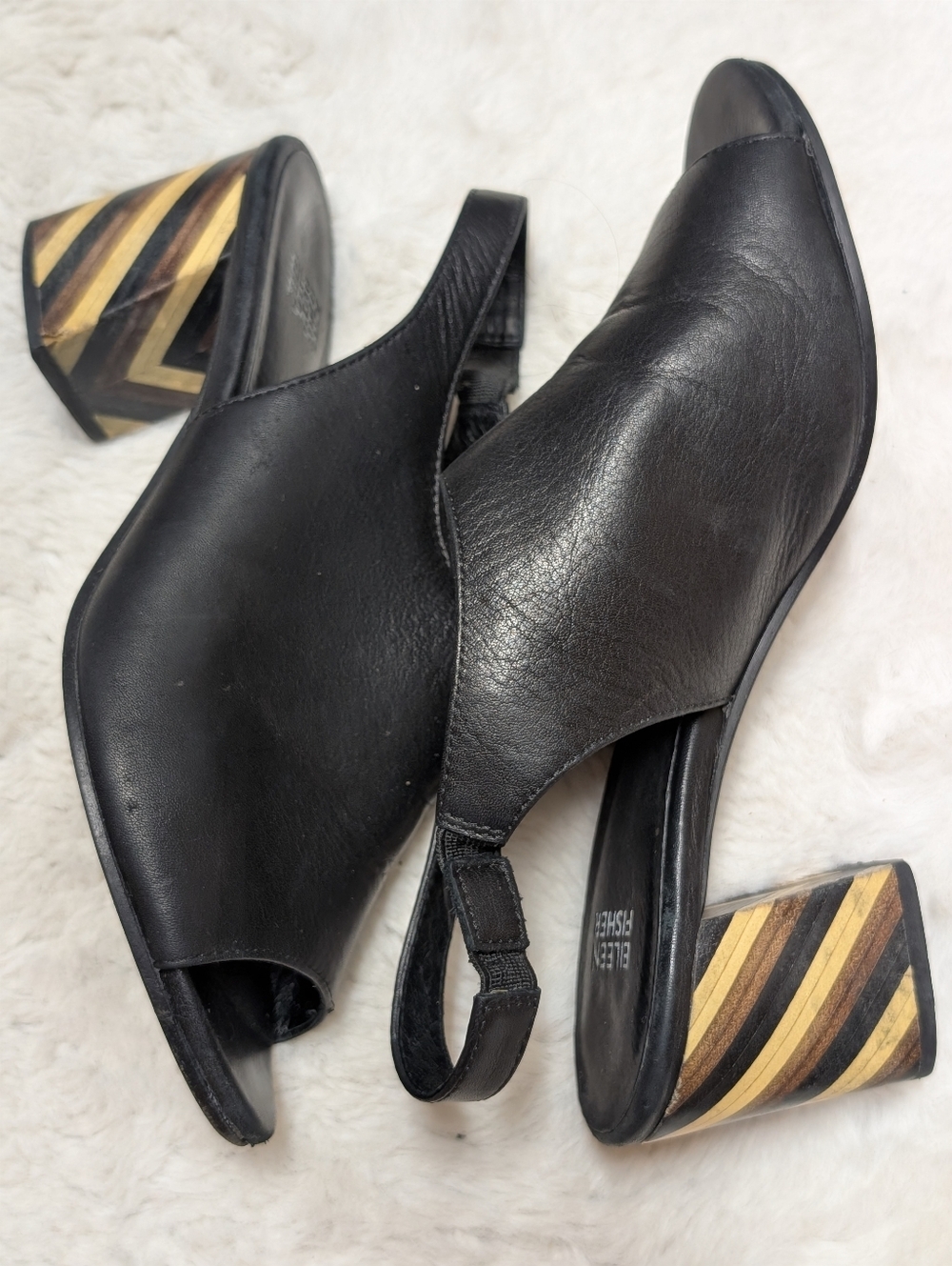 Eileen Fisher Black Leather Slingback Heeled Sandals with Striped Block Heel